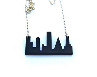 Black Necklace Skyline Laser Cut Acrylic Perspex Urban London New York Sterling Silver Chainy