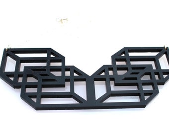 Black Geometric Necklace Laser Cut Acrylic Perspex Modern on Sterling Silver Chain Cubes Boxes Modern Abstract