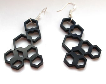 Geometric Black Earrings  Laser Cut Acrylic Perspex Hexagons on Sterling Silver Ear Hoop