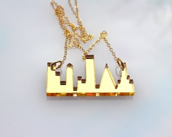 Gold Necklace Skyline Small Laser Cut Mirror Acrylic Perspex on Gold Plated Chain London New York Inspired