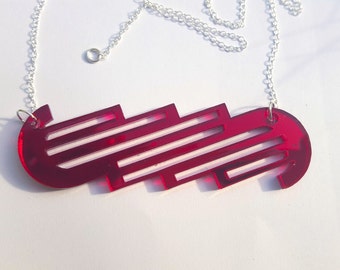 Art Deco Red Necklace Laser Geometric on Sterling Silver Chain