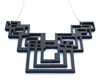 Black Geometric Necklace in Laser Cut Perspex on Sterling Silver Chain