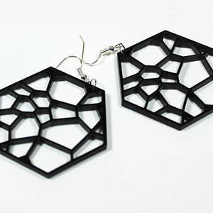 Black Hexagon Geometric Earrings in Acrylic on Silver Ear Wires image 1