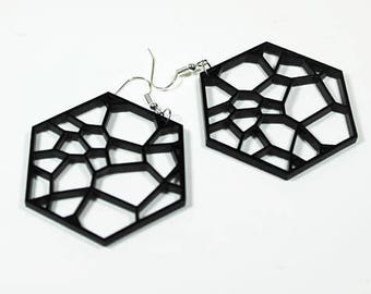 Black Hexagon Geometric Earrings in Acrylic on Silver Ear Wires