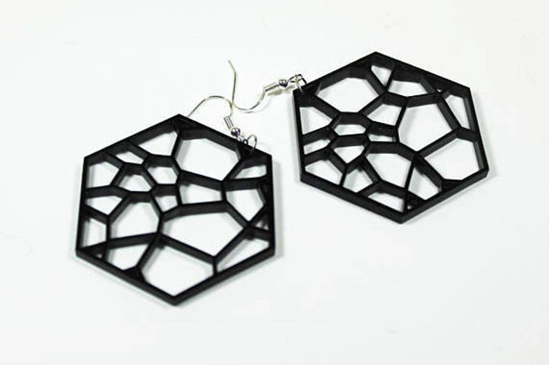 Black Hexagon Geometric Earrings in Acrylic on Silver Ear Wires image 1
