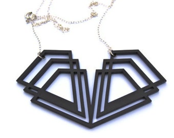 Black Art Deco Necklace Acrylic Perspex Geometric on Sterling Silver Chain