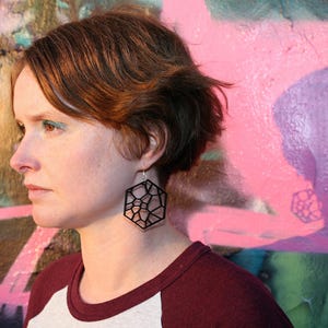 Black Hexagon Geometric Earrings in Acrylic on Silver Ear Wires image 2