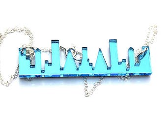 Sky Blue Skyline Necklace Laser Cut Acrylic New York London in Purple Mirror Perspex on Sterling Silver Chain