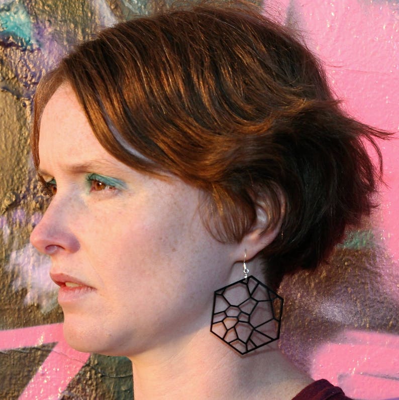 Black Hexagon Geometric Earrings in Acrylic on Silver Ear Wires image 3