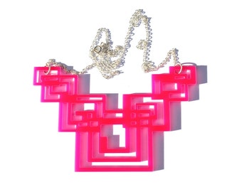 Pink Geometric Necklace Tron Inspired Laser Cut in Acrylic Perspex on Sterling Silver Chain