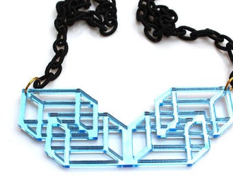 Sky Blue Geometric Necklace Laser Cut Mirrored Acrylic Perspex on Black Fabric Chain Statement Necklace