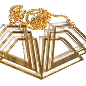 Gold Art Deco Necklace Laser Cut Mirror Acrylic Perspex on Gold Chain