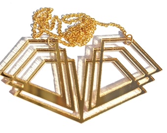 Gold Art Deco Necklace Laser Cut Mirror Acrylic Perspex on Gold Chain