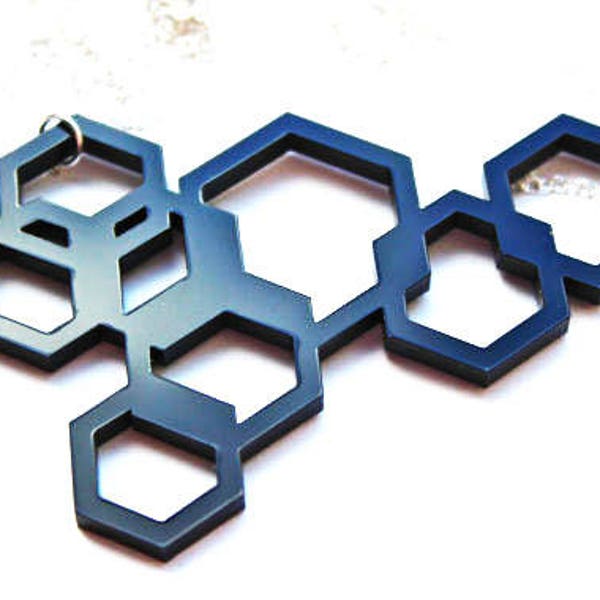 Black Geometric Necklace Laser Cut Acrylic Perspex Hexagons on Sterling Silver Chain