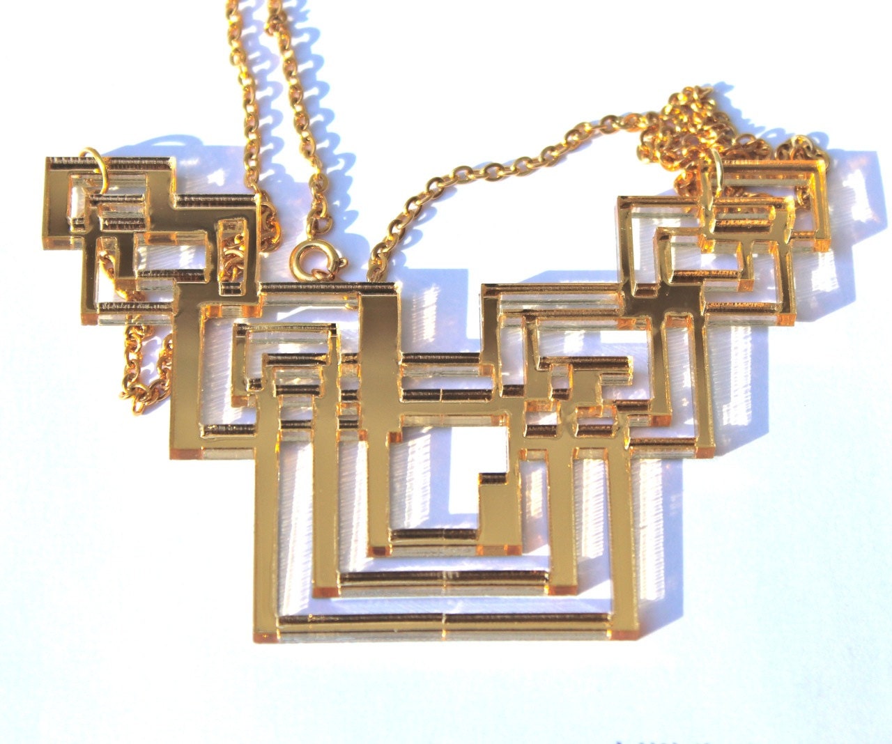 Geometric Necklace Laser Cut Gold Mirrored Acrylic Tron Etsy