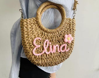 Custom Women's Straw Crossbody Bag, bridal shower bags, customized straw bags, custom beach bag, straw tote, embroidered bag, Bridesmaid bag