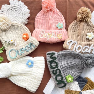 Custom Baby beanie with Name and Pom-Pom, Custom Name Baby Hat, Personalized Crochet Baby Beanie, Kid&#39;s Crochet Beanie, Embroidered Baby Hat