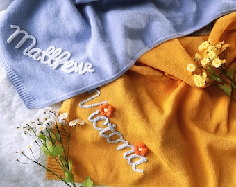 Hand-Embroidered Baby Knit Blanket: Personalized Name Blanket