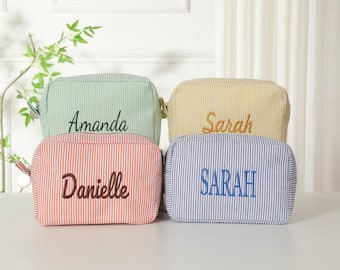Monogrammed Seersucker Toiletry Bag: Custom Bridesmaid Makeup Bag