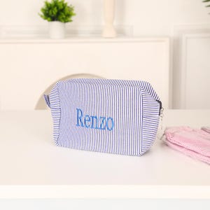 Monogrammed Toiletry Bag, Personalized Seersucker Cosmetic Bag, Custom Travel Makeup Bag, Large Capacity Storage Bag, Bridesmaid Makeup Bag