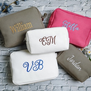 Custom Makeup Bag Personalized Waffle Travel Cosmetic Bag  Custom Monogram Makeup Bag Embroidered Toiletry Bag Bridesmaid Gifts Gift For Her