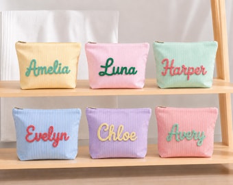 Personalized Seersucker Makeup Bag, Custom Chenille Name Cosmetic Pouch, Travel Toiletry Bag, Summer Beach Vacation Organizer Gift for Her