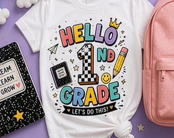 Hello 1st Grade Shirt PNG, First Day of School Sublimation Design, Retro Kids School Shirt, Back to School PNG, Teacher Student Clipart