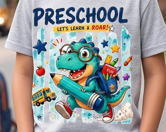 Dinosaur Preschool PNG, Preschool Dinosaur Shirt Design, Back to School Dino PNG, First Day of Preschool Sublimation, School Bus PNG