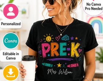 Personalized PRE-K Teacher Shirt, Editable Canva Template, Custom Teacher Name Design, First Day Teacher Shirt, Instant Download