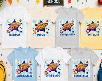 Space Back to School PNG Bundle, 7 School Level Shirt Designs, Preschool to Fourth Grade, Rocket School Bus Sublimation PNG