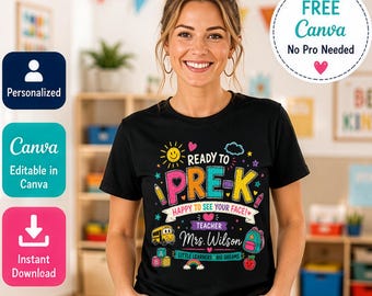 Editable Teacher Canva Template, Personalized Pre-K Teacher Name PNG, Custom Teacher Shirt Design, Instant Download, Free Canva