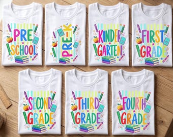 Back to School PNG Bundle, Preschool Pre K Kindergarten First Second Third Fourth Grade PNG, Colorful School Supplies Sublimation Designs