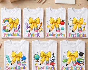 School Bow PNG Bundle, Preschool to Fourth Grade PNG, Back to School Sublimation Bundle, Cute Pencil Bow PNG, School Grade Shirt Designs
