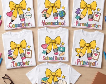 Teacher PNG Bundle, School Staff PNG Bundle, Teacher Bow PNG, Paraeducator Nurse Counselor Librarian Principal Homeschool, 7 School Designs