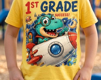 1st Grade Rocket PNG, First Grade Dinosaur PNG, Blast Off to Success Sublimation, Back to School Space Design, Kids Shirt PNG