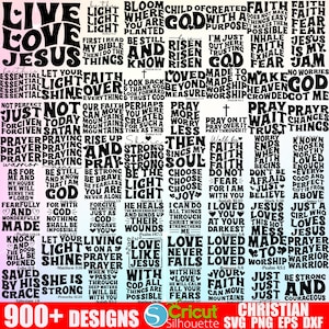 Puede incluir: Una colecci&oacute;n de m&aacute;s de 900 dise&ntilde;os SVG con tem&aacute;tica cristiana que presentan citas y frases inspiradoras. Los dise&ntilde;os son en blanco y negro y presentan una variedad de fuentes y estilos. Los dise&ntilde;os son perfectos para crear camisetas, tazas, decoraci&oacute;n del hogar y mucho m&aacute;s.