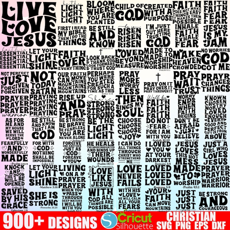Puede incluir: Una colecci&oacute;n de m&aacute;s de 900 dise&ntilde;os SVG con tem&aacute;tica cristiana que presentan citas y frases inspiradoras. Los dise&ntilde;os son en blanco y negro y presentan una variedad de fuentes y estilos. Los dise&ntilde;os son perfectos para crear camisetas, tazas, decoraci&oacute;n del hogar y mucho m&aacute;s.