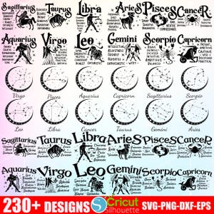 Puede incluir: Un dise&ntilde;o gr&aacute;fico en blanco y negro que presenta los signos del zod&iacute;aco con sus constelaciones y rasgos de personalidad correspondientes. Los signos incluyen Sagitario, Tauro, Libra, Aries, Piscis, C&aacute;ncer, Acuario, Virgo, Leo, G&eacute;minis, Escorpio y Capricornio.