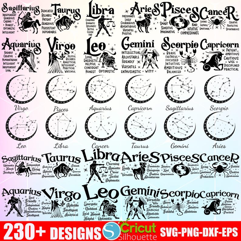 Puede incluir: Un dise&ntilde;o gr&aacute;fico en blanco y negro que presenta los signos del zod&iacute;aco con sus constelaciones y rasgos de personalidad correspondientes. Los signos incluyen Sagitario, Tauro, Libra, Aries, Piscis, C&aacute;ncer, Acuario, Virgo, Leo, G&eacute;minis, Escorpio y Capricornio.