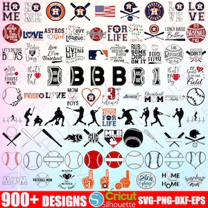 May include: A collection of 900+ baseball-themed SVG, PNG, DXF, and EPS designs. The designs feature a variety of baseball-related phrases, logos, and images, including the Houston Astros logo, baseball bats, baseballs, and the words "Baseball Mom".