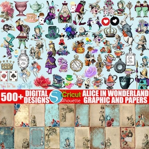 Alice in Wonderland Digital Paper, Dark Whimsical Scrapbooking Kit, Tea Party Clipart, Queen of Hearts, Junk Journal PNG & JPG Set