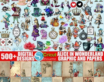 Alice in Wonderland Digital Paper Graphics, Alice Journal Paper, Dark, Whimsical, Tea Party, Digital Scrapbooking Kit, Queen of Hearts, PNG.
