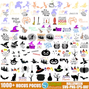 May include: A collection of 1000+ Hocus Pocus Halloween SVG, PNG, EPS, and DXF files. The image features a variety of designs, including witches, pumpkins, bats, and cauldrons. The text "Hocus Pocus" is featured in several designs.