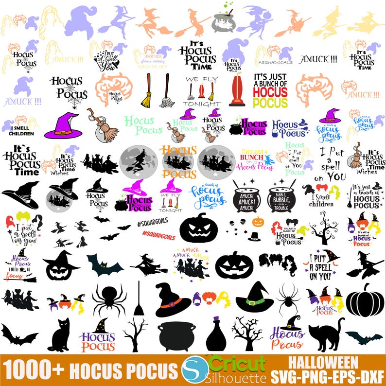 May include: A collection of 1000+ Hocus Pocus Halloween SVG, PNG, EPS, and DXF files. The image features a variety of designs, including witches, pumpkins, bats, and cauldrons. The text "Hocus Pocus" is featured in several designs.