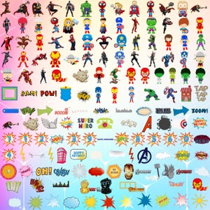 以下が含まれることがあります： アイアンマン、キャプテンアメリカ、ハルク、ソー、スパイダーマンなど、さまざまなスーパーヒーローをフィーチャーしたカラフルなデジタルクリップアートのセット。クリップアートには、盾、ハンマー、ウェブなど、さまざまなポーズ、表情、アクセサリーが含まれています。クリップアートには、「BAM！」や「POW！」などのテキスト要素や、1から9までの数字も含まれています。