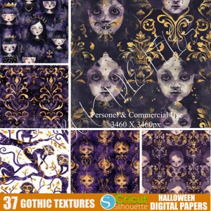 Halloween Gothic Texture, PNG Seamless  Digital Papers, Spooky Pumpkin, Skull, Raven, Street Lamp Patterns - Gothic Backgrounds for Crafts.