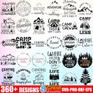 May include: A collection of 20 camping-themed SVG cut files featuring various designs with text such as "Camp Queen", "Camp Life", "Campfire Babe", "Camping Hair Don't Care", "It's All Good in the Woods", and "Mountains are Calling".