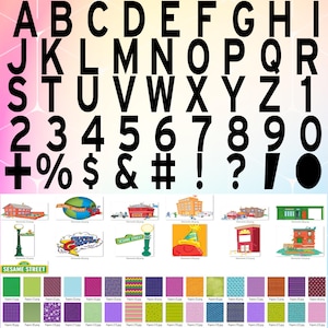 K&ouml;nnte beinhalten: Ein schwarzes und wei&szlig;es Alphabet, Zahlen und Symbole mit einem bunten Hintergrund. Es gibt auch Bilder von Sesamstra&szlig;e-Charakteren und Geb&auml;uden sowie verschiedene gemusterte Papiere.