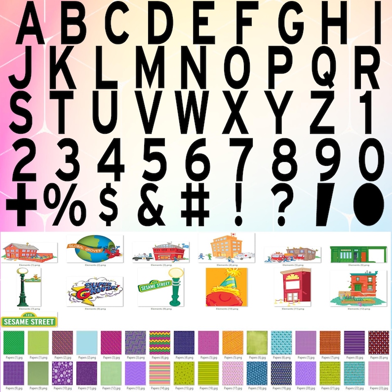 K&ouml;nnte beinhalten: Ein schwarzes und wei&szlig;es Alphabet, Zahlen und Symbole mit einem bunten Hintergrund. Es gibt auch Bilder von Sesamstra&szlig;e-Charakteren und Geb&auml;uden sowie verschiedene gemusterte Papiere.
