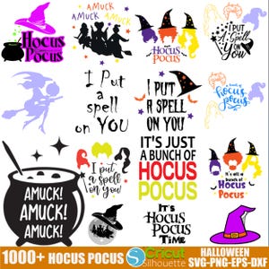 May include: A collection of 1000+ Hocus Pocus themed SVG, PNG, EPS, and DXF files for crafting and design. The images feature witches, cauldrons, and the text "Hocus Pocus" in various styles and colors.